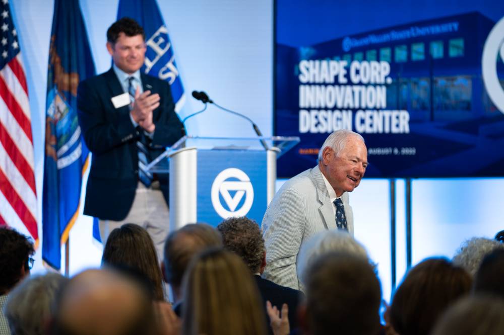 Midge Verplank shows enthusiasm for the partnership between Shape Corp. and GVSU